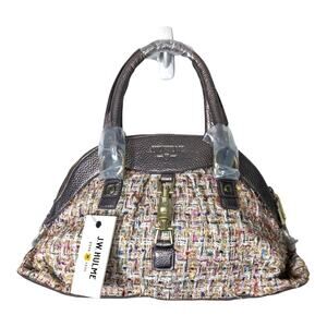 JW Hulme Maureen Satchel Bag Tweed & Leather Dome Top Handle Pewter Accents NWT